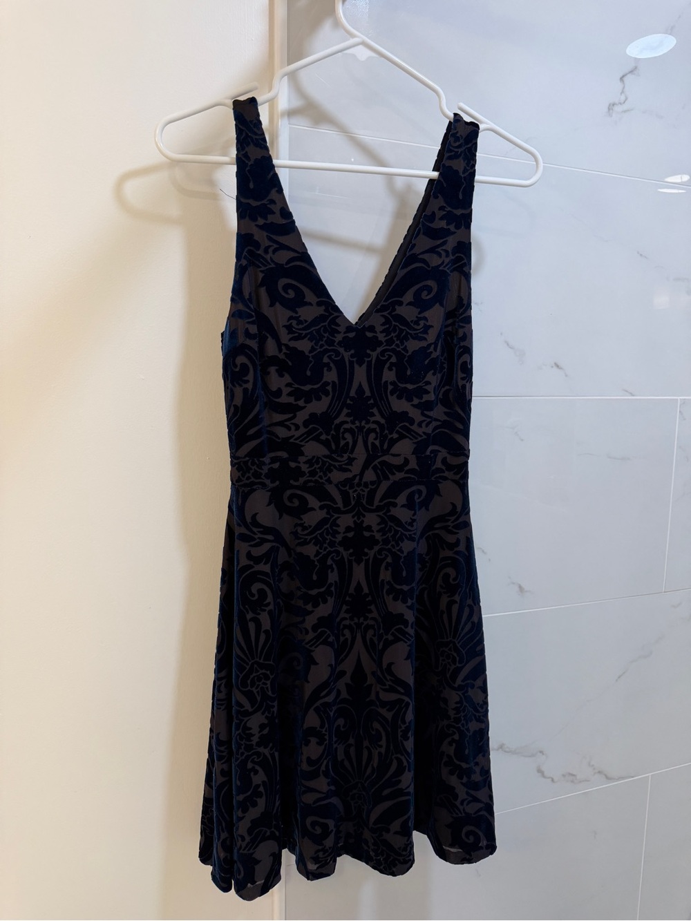 Aqua Navy Velvet Burnout V-Neck Fit & Flare Mini Dress